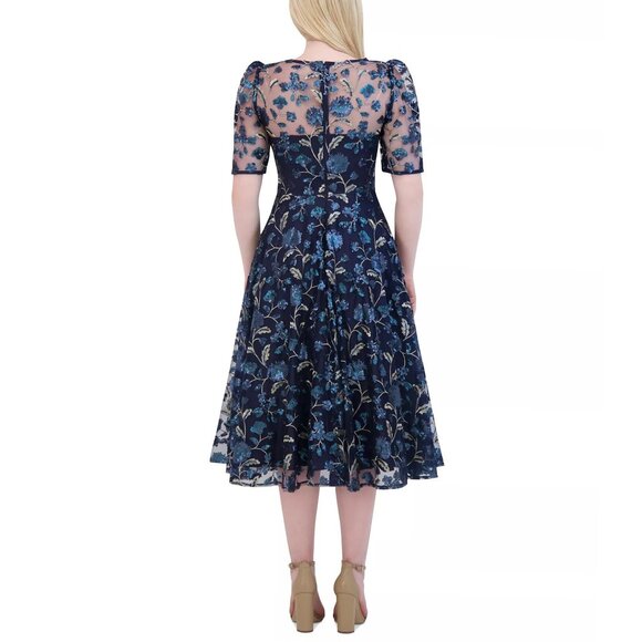 New Eliza J Dress 10 Navy Sequin Floral Embroidery Illusion Fit & Flare Midi NWT - Picture 13 of 14